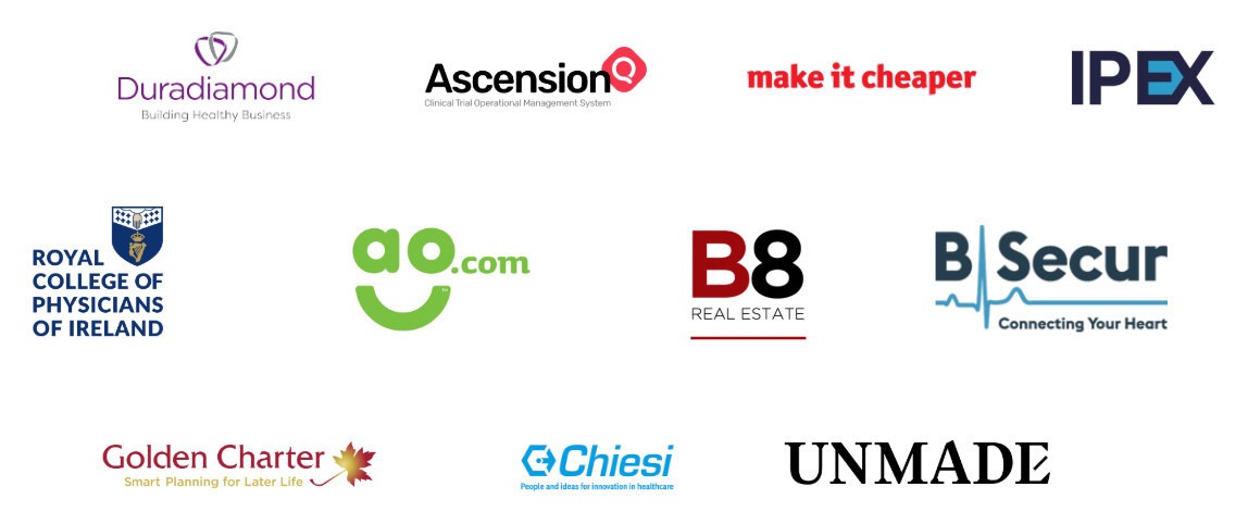 Eleven Content partner logos - Duradiamond Healthcare, Ascension Q, make it cheaper, IPEX, Royal College of Physicians of Ireland, AO.com, B8RE, B-Secur, Golden Charter, Chiesi, Unmade
